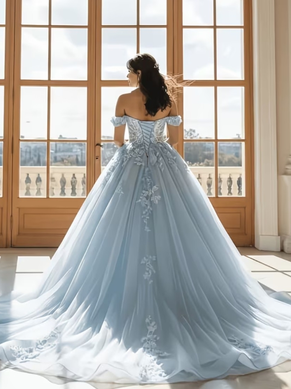 Off-Shoulder Powder Blue Cinderella Ball Gown Fairytale Wedding Dress